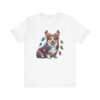 Whimsical Floral Corgi Tee – Colorful Dog Lover Shirt with Butterflies