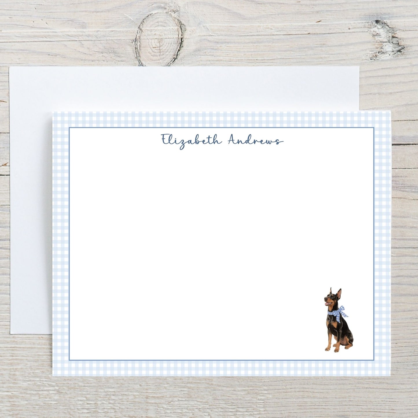 Doberman Pinscher Dog Blue Gingham Personalized Notecard Set