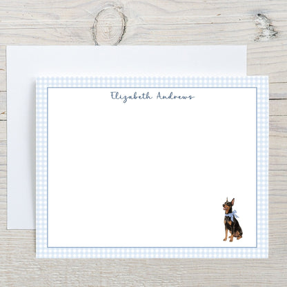 Doberman Pinscher Dog Blue Gingham Personalized Notecard Set