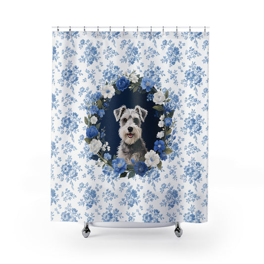 Schnauzer Dog Blue Floral Shower Curtain – Dog Portrait Bath Decor