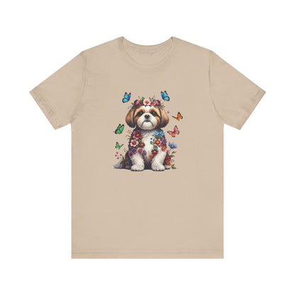 Whimsical Floral Shih Tzu Tee – Colorful Dog Lover Shirt with Butterflies