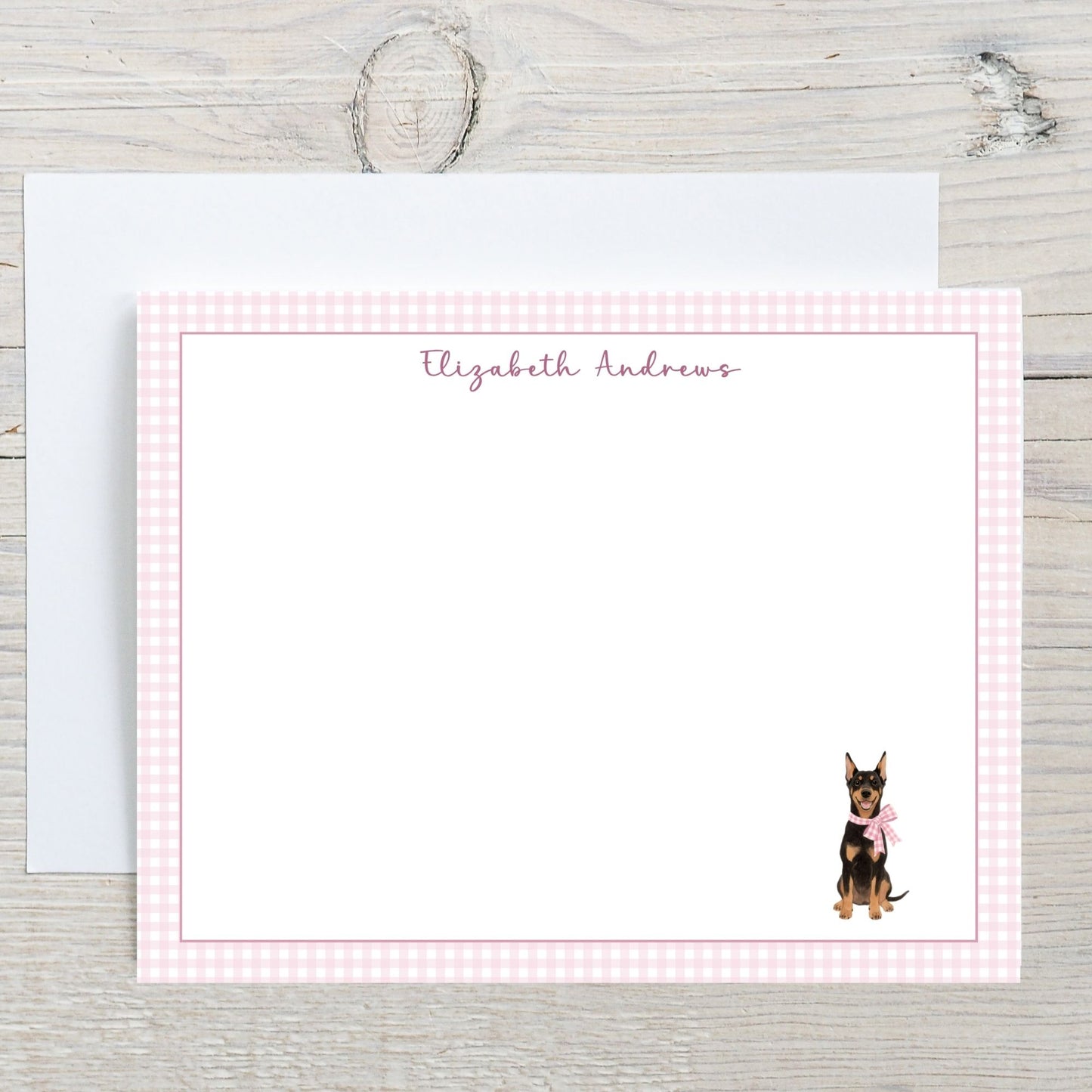 Doberman Pinscher Dog Pink Gingham Personalized Notecard Set