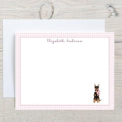 Doberman Pinscher Dog Pink Gingham Personalized Notecard Set
