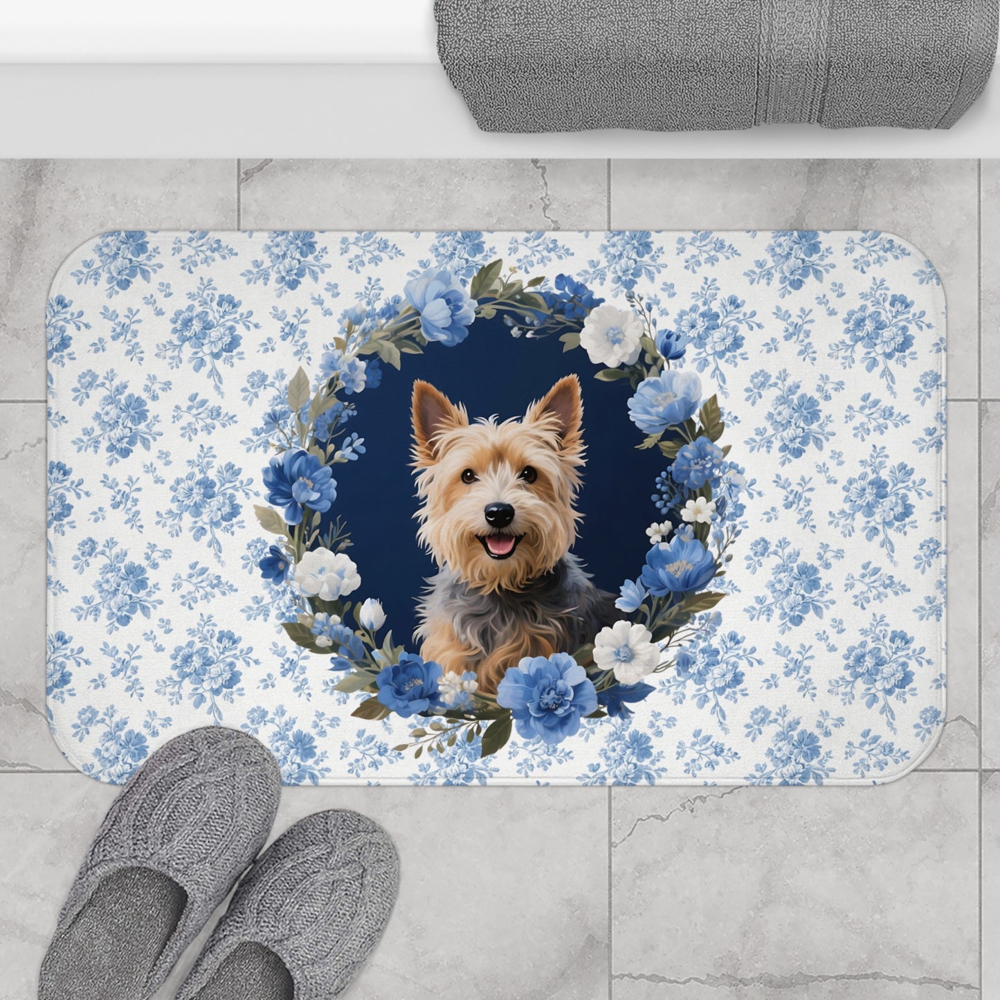 Blue Floral Terrier Bath Mat – Cute Cairn Terrier Dog Bathroom Rug