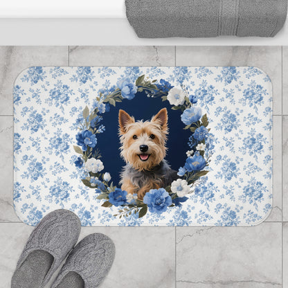 Blue Floral Terrier Bath Mat – Cute Cairn Terrier Dog Bathroom Rug