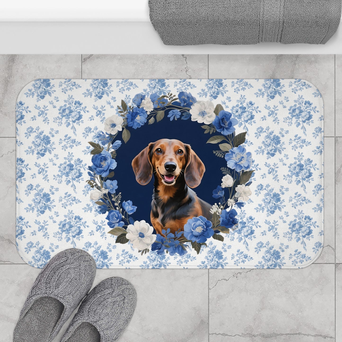 Blue Floral Doxie Bath Mat – Cute Dachshund Dog Bathroom Rug