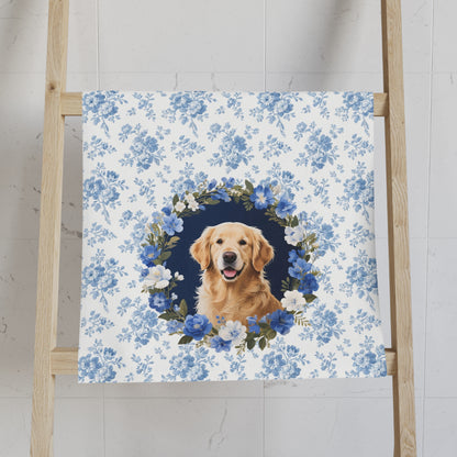 Blue Floral Golden Retriever Dog Portrait Hand Towel – Cute Pet Bathroom Accessory
