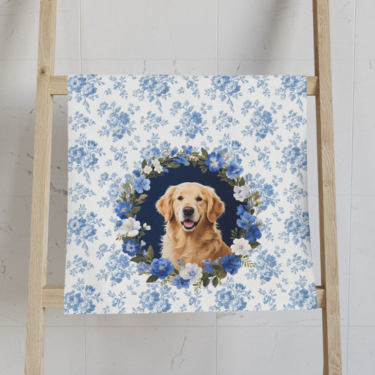 Blue Floral Golden Retriever Dog Portrait Hand Towel – Cute Pet Bathroom Accessory