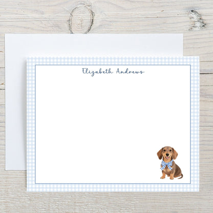 Dachshund Dog Blue Gingham Personalized Notecard Set