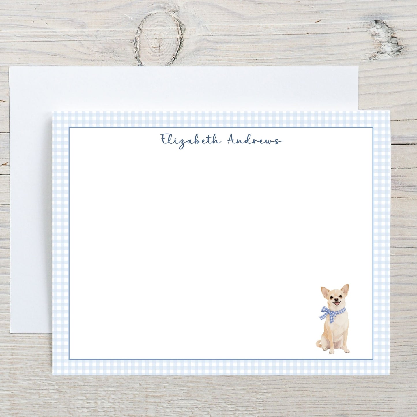 Chihuahua Dog Blue Gingham Personalized Notecard Set