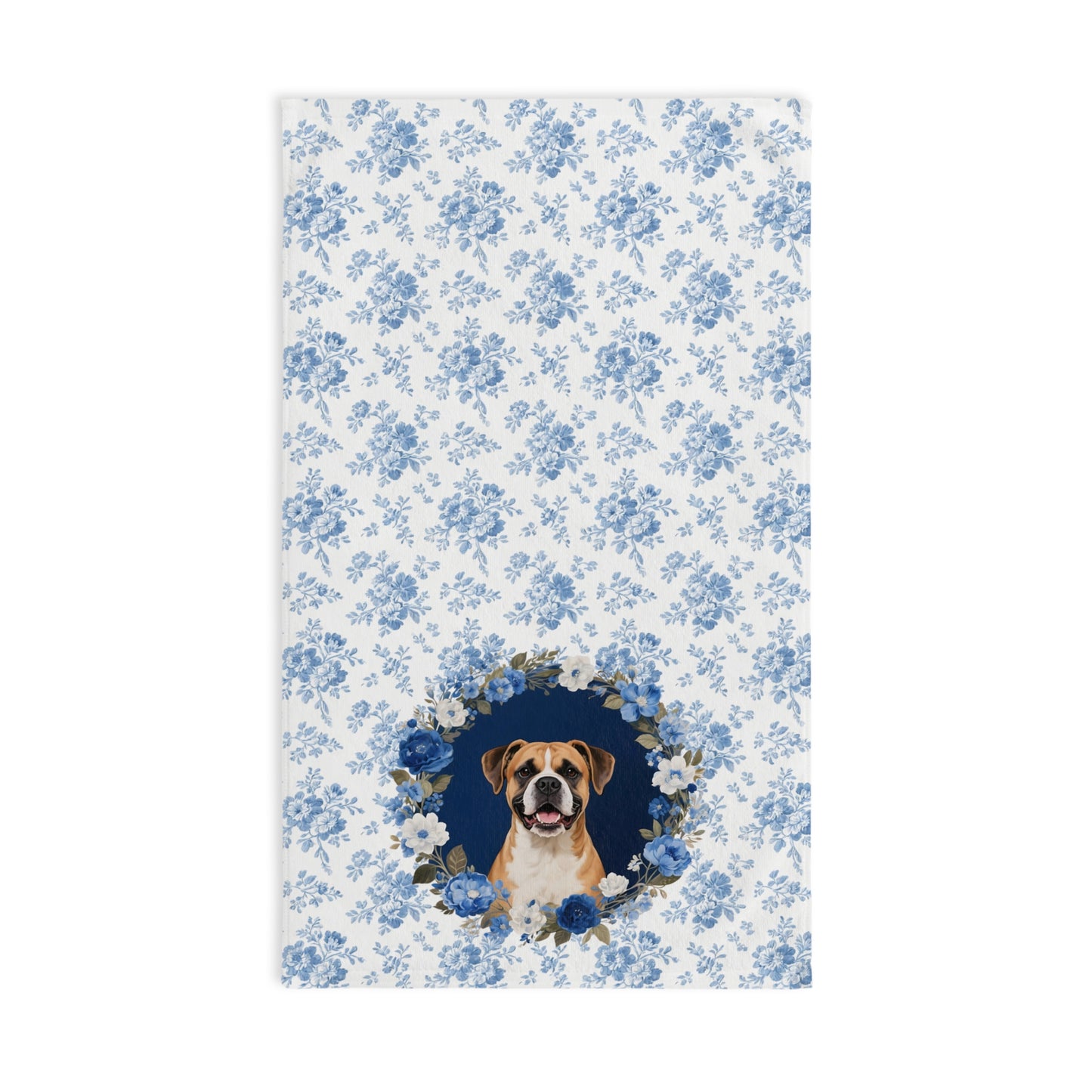 Blue Floral Boxer Dog Portrait Hand Towel – Cute Pet Bathroom Accessory