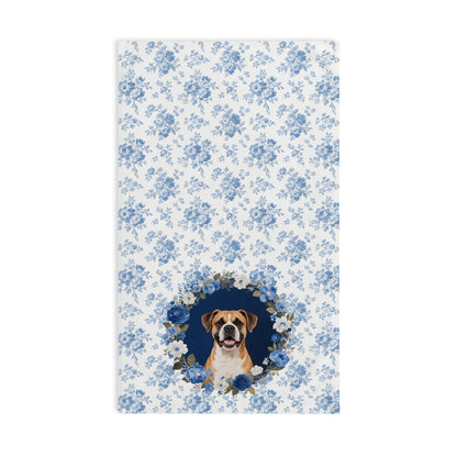 Blue Floral Boxer Dog Portrait Hand Towel – Cute Pet Bathroom Accessory