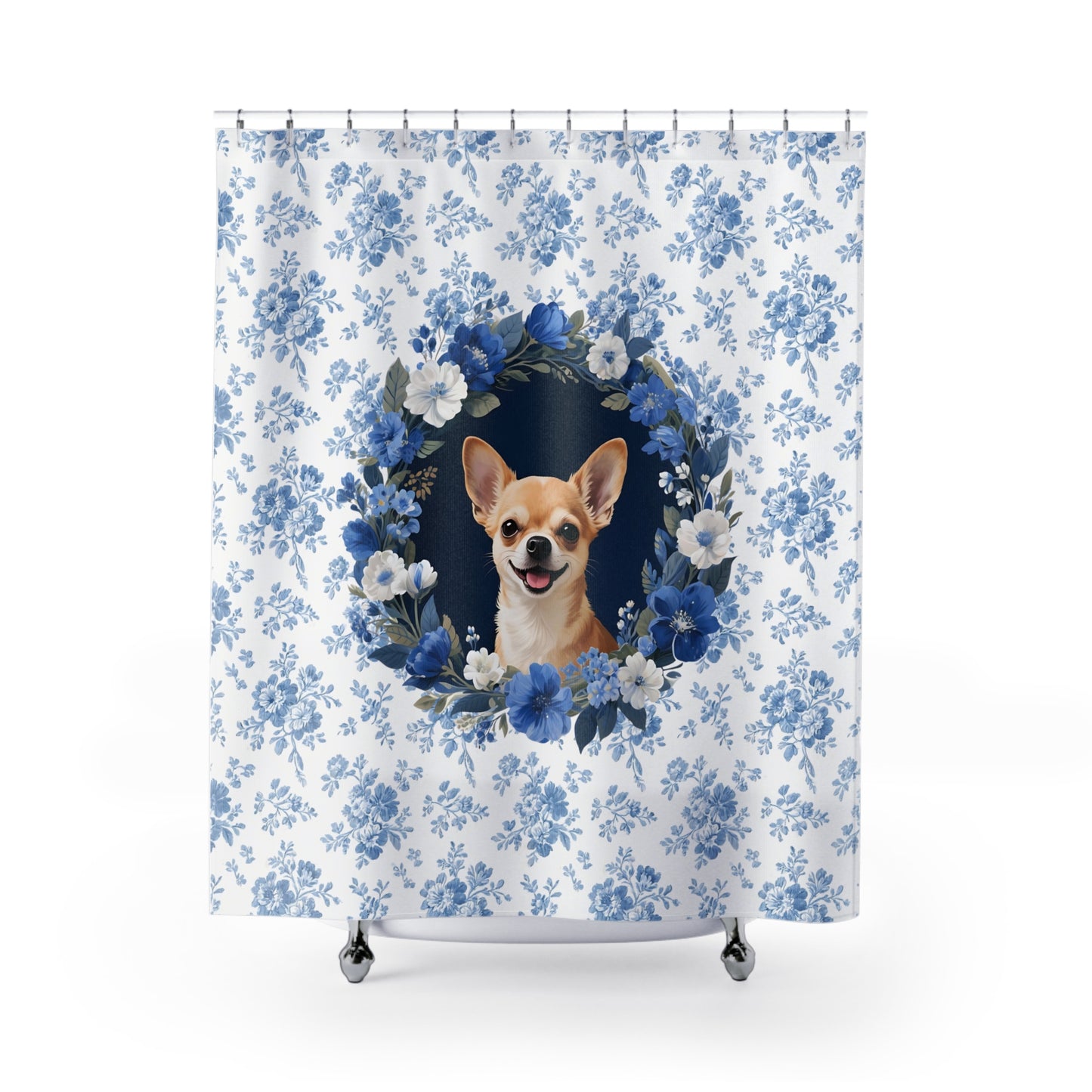 Chihuahua Dog Blue Floral Shower Curtain – Dog Portrait Bath Decor