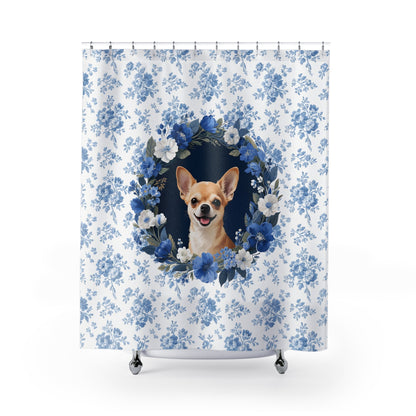 Chihuahua Dog Blue Floral Shower Curtain – Dog Portrait Bath Decor