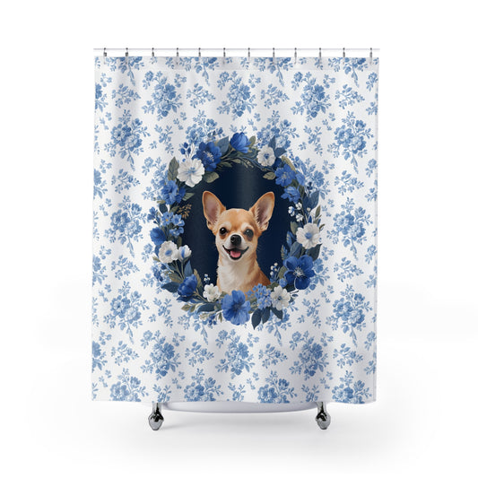 Chihuahua Dog Blue Floral Shower Curtain – Dog Portrait Bath Decor