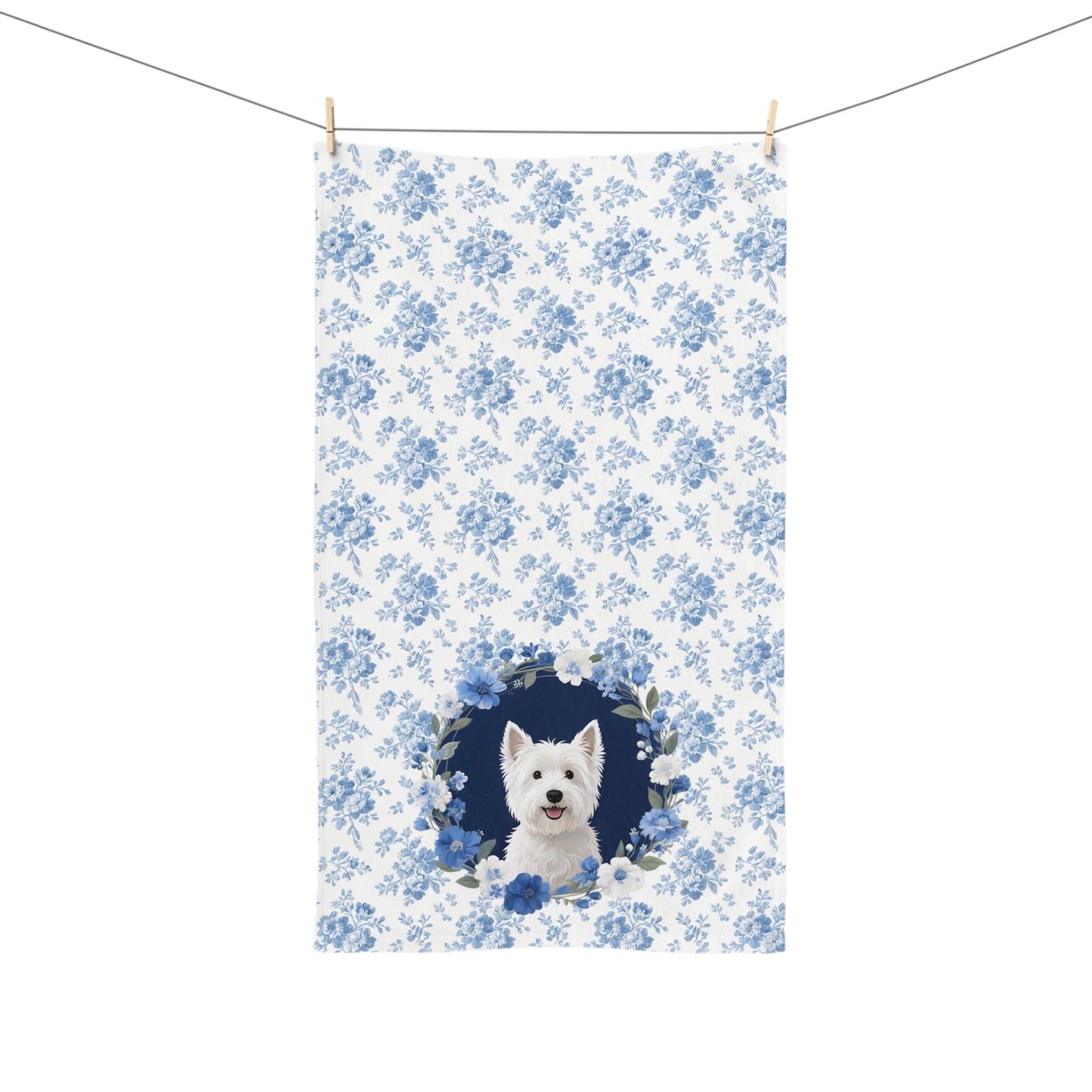 Blue Floral West Highland White Terrier Dog Portrait Hand Towel – Cute Pet Bathroom Accessory
