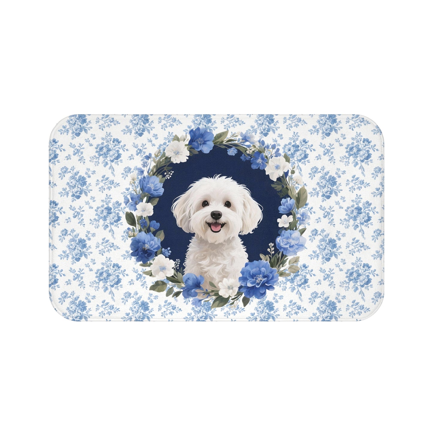 Blue Floral Maltese Bath Mat – Cute Maltese Dog Bathroom Rug
