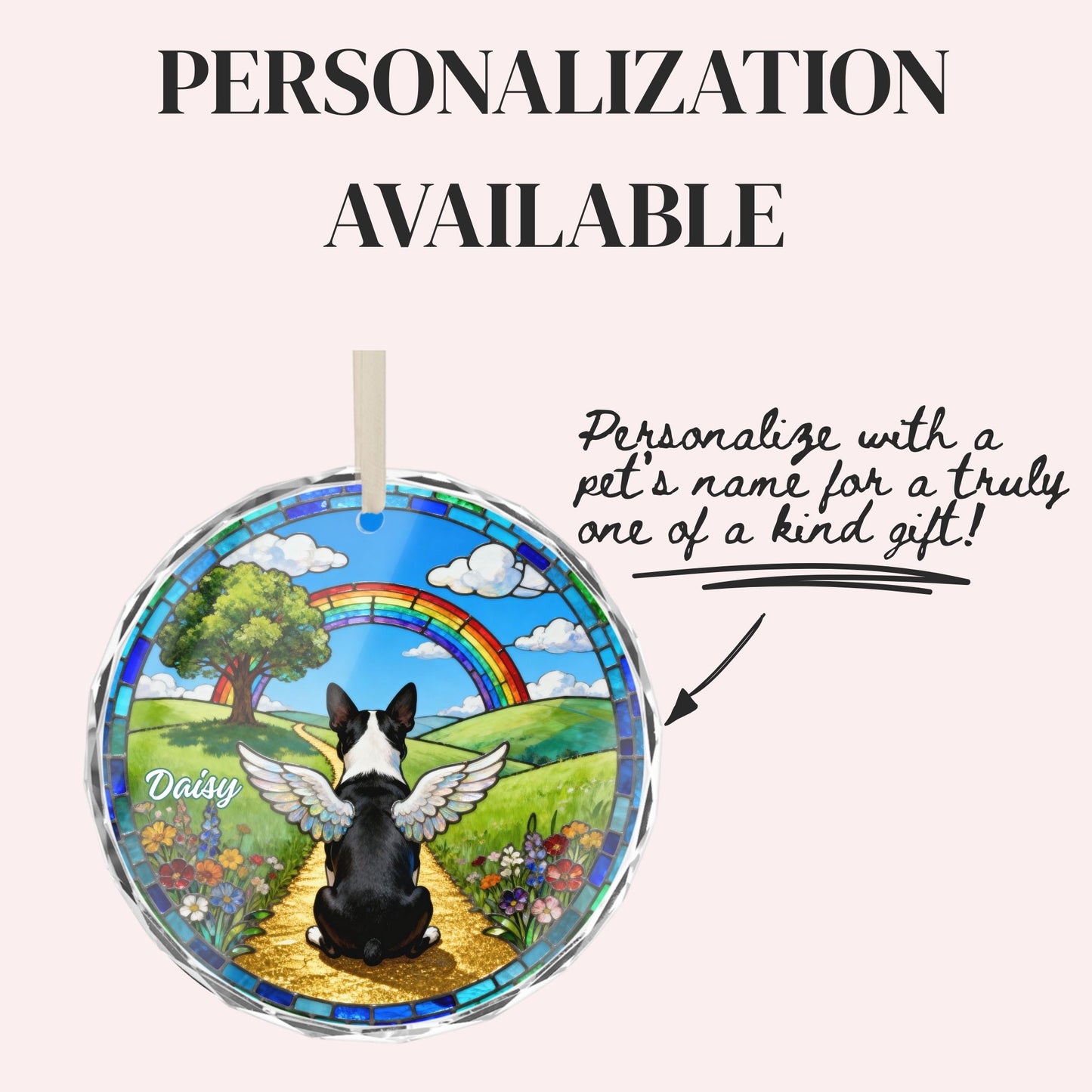Boston Terrier Rainbow Bridge Stained Glass Ornament