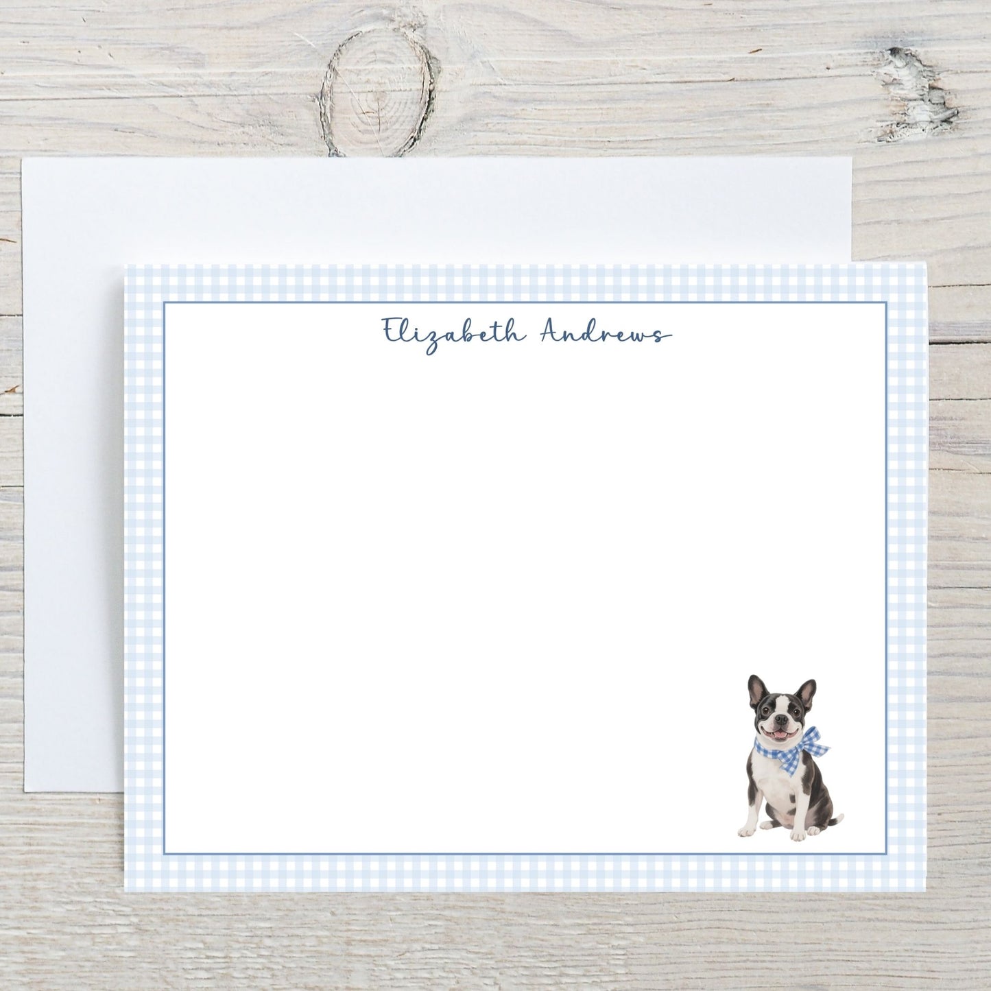 Boston Terrier Dog Blue Gingham Personalized Notecard Set