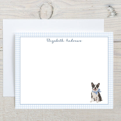 Boston Terrier Dog Blue Gingham Personalized Notecard Set