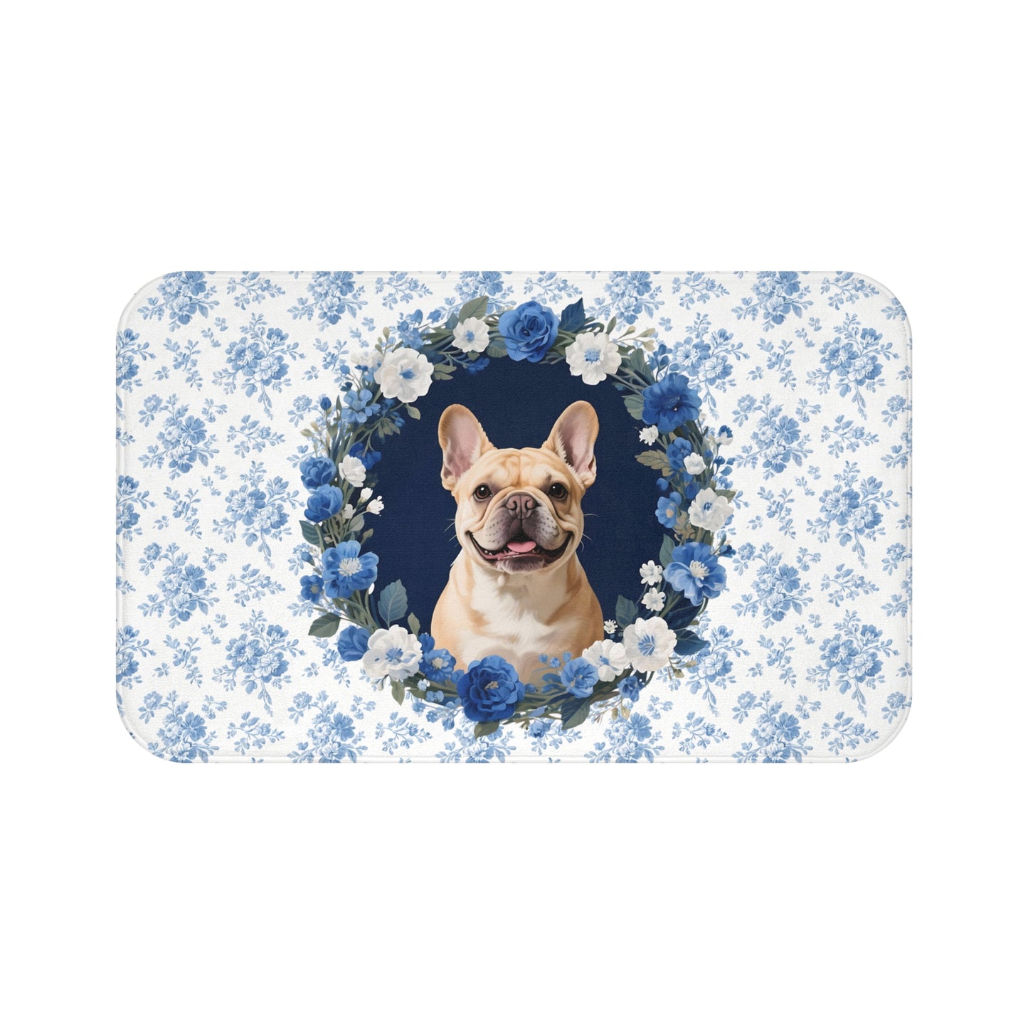 Blue Floral Frenchie Bath Mat – Cute Fawn French Bulldog Bathroom Rug