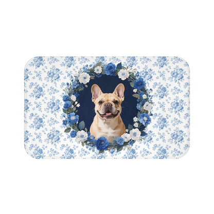 Blue Floral Frenchie Bath Mat – Cute Fawn French Bulldog Bathroom Rug