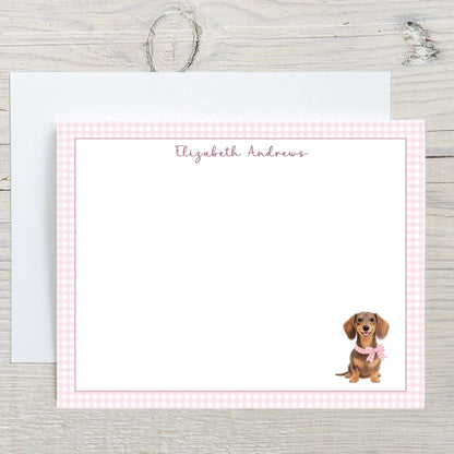 Dachshund Dog Pink Gingham Personalized Notecard Set