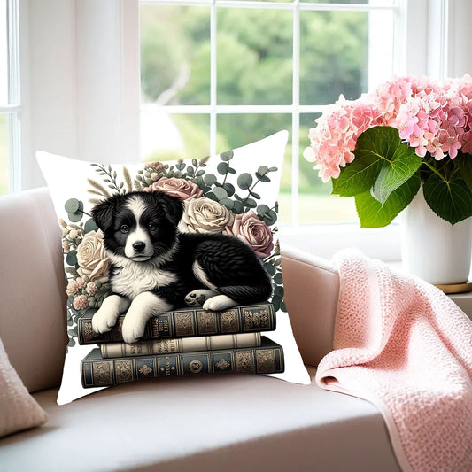 Border Collie Throw Pillow for Book Lovers