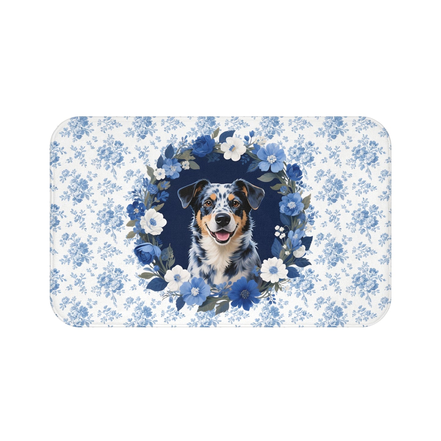 Blue Floral Heeler Bath Mat – Cute Australian Cattle Dog Bathroom Rug