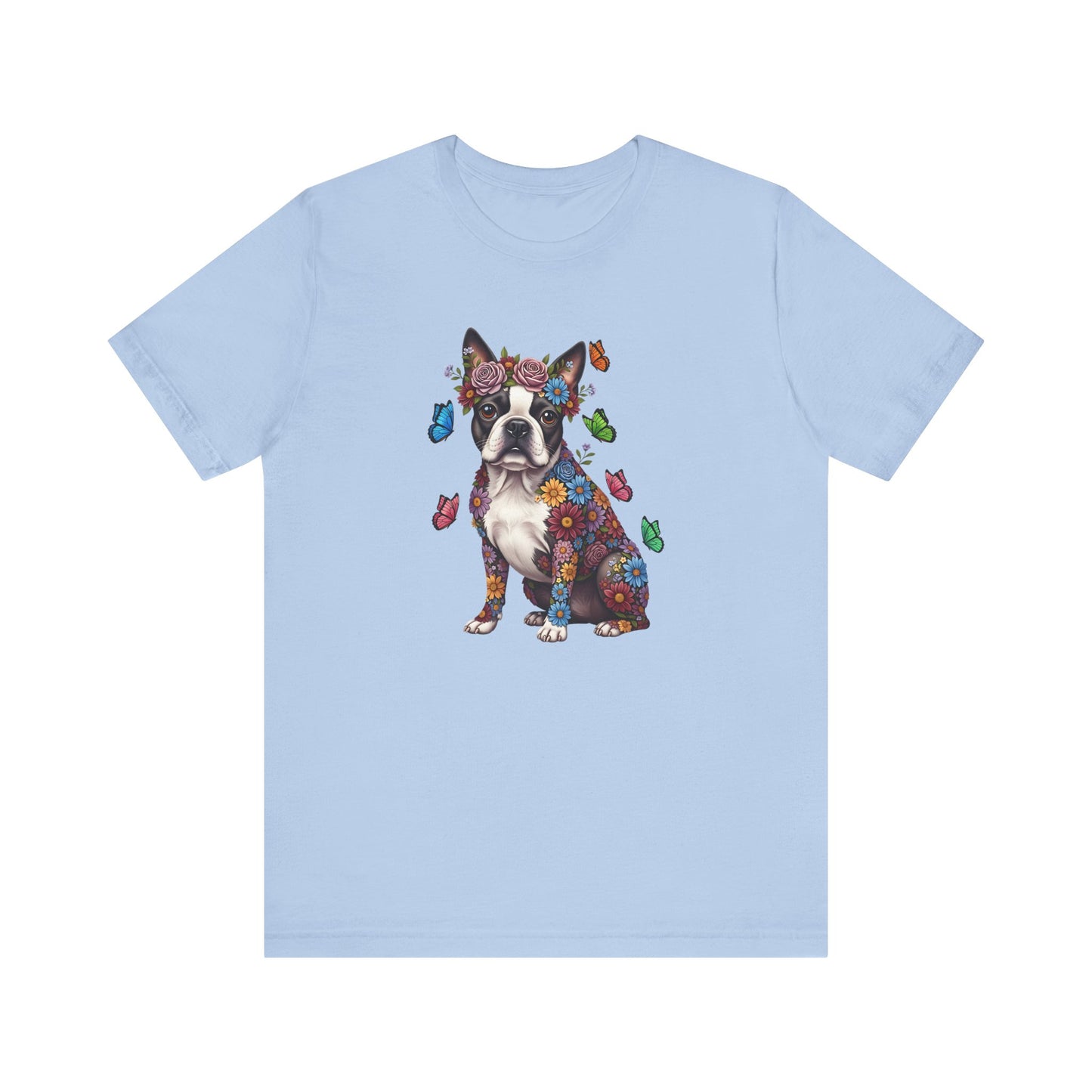Whimsical Floral Boston Terrier Tee – Colorful Dog Lover Shirt with Butterflies