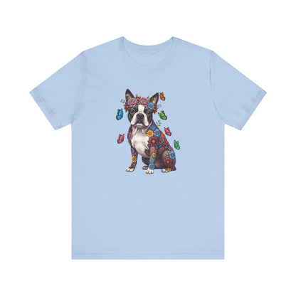 Whimsical Floral Boston Terrier Tee – Colorful Dog Lover Shirt with Butterflies