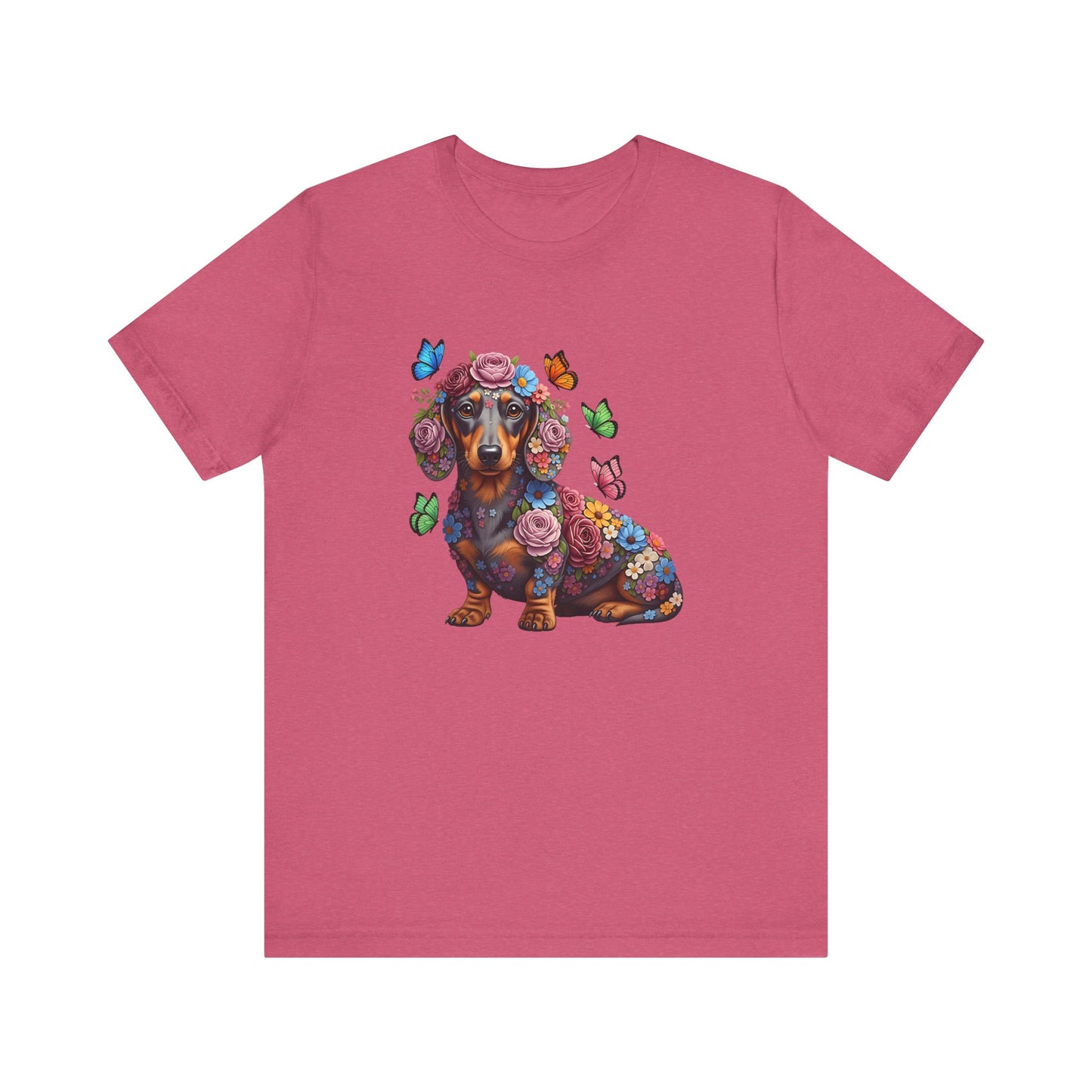 Whimsical Floral Dachshund Tee – Colorful Dog Lover Shirt with Butterflies