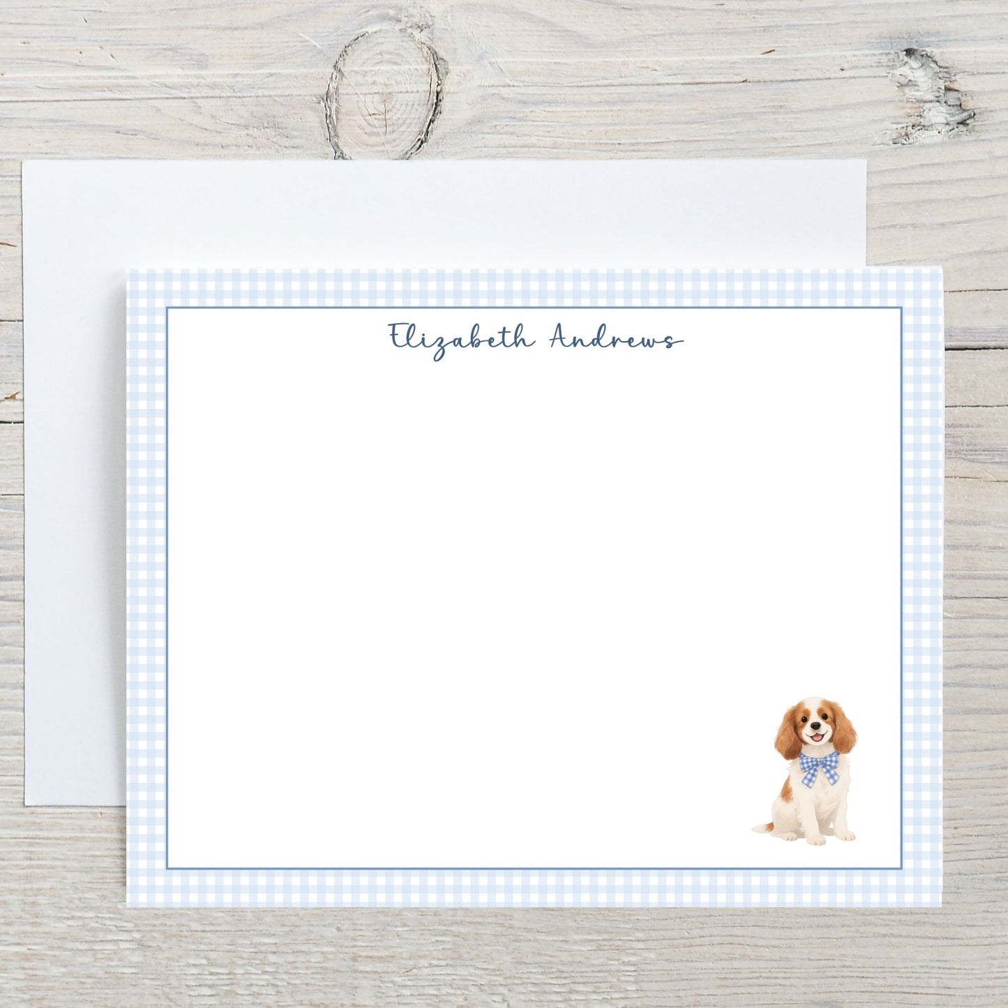 Cavalier King Charles Spaniel Blue Gingham Personalized Notecard Set