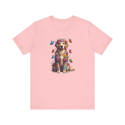 Whimsical Floral Golden Retriever Tee – Colorful Dog Lover Shirt with Butterflies