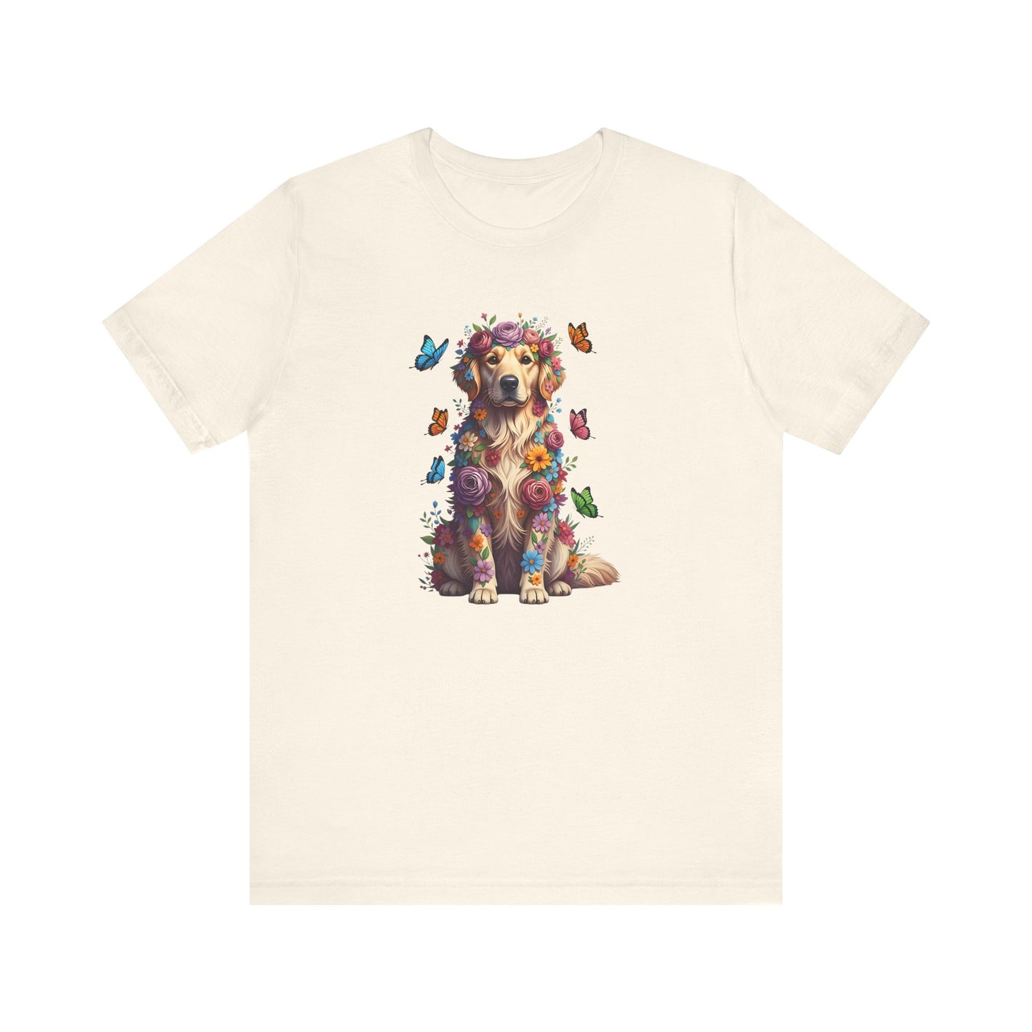 Whimsical Floral Golden Retriever Tee – Colorful Dog Lover Shirt with Butterflies