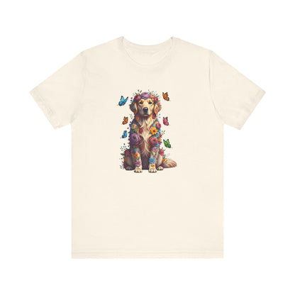 Whimsical Floral Golden Retriever Tee – Colorful Dog Lover Shirt with Butterflies