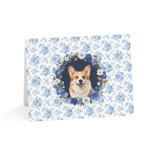 Corgi Dog Blue Floral Greeting Card Set
