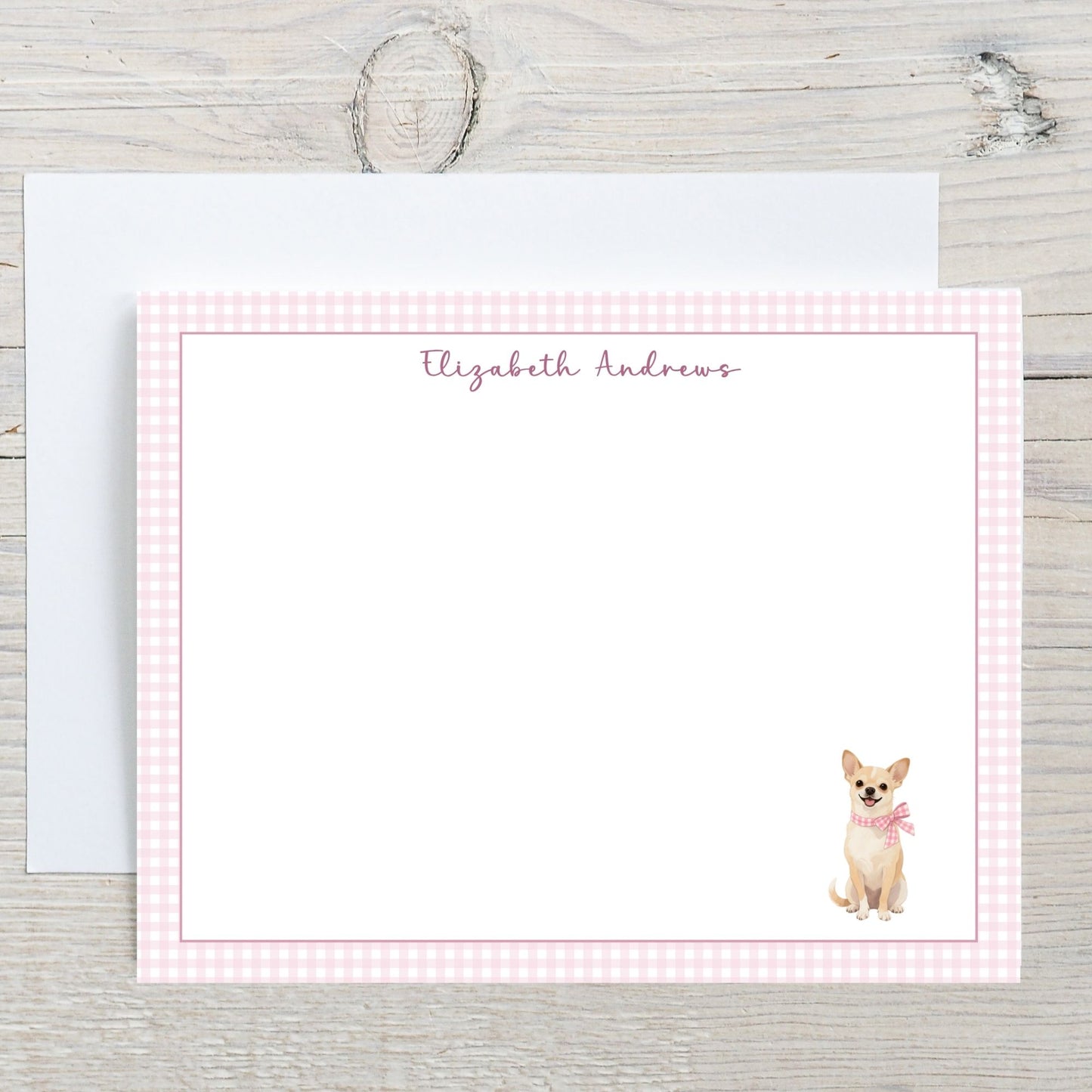 Chihuahua Pink Gingham Personalized Notecard Set