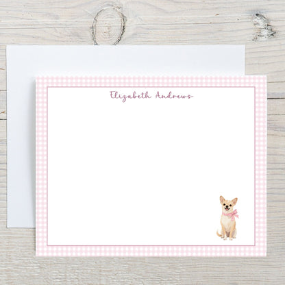 Chihuahua Pink Gingham Personalized Notecard Set