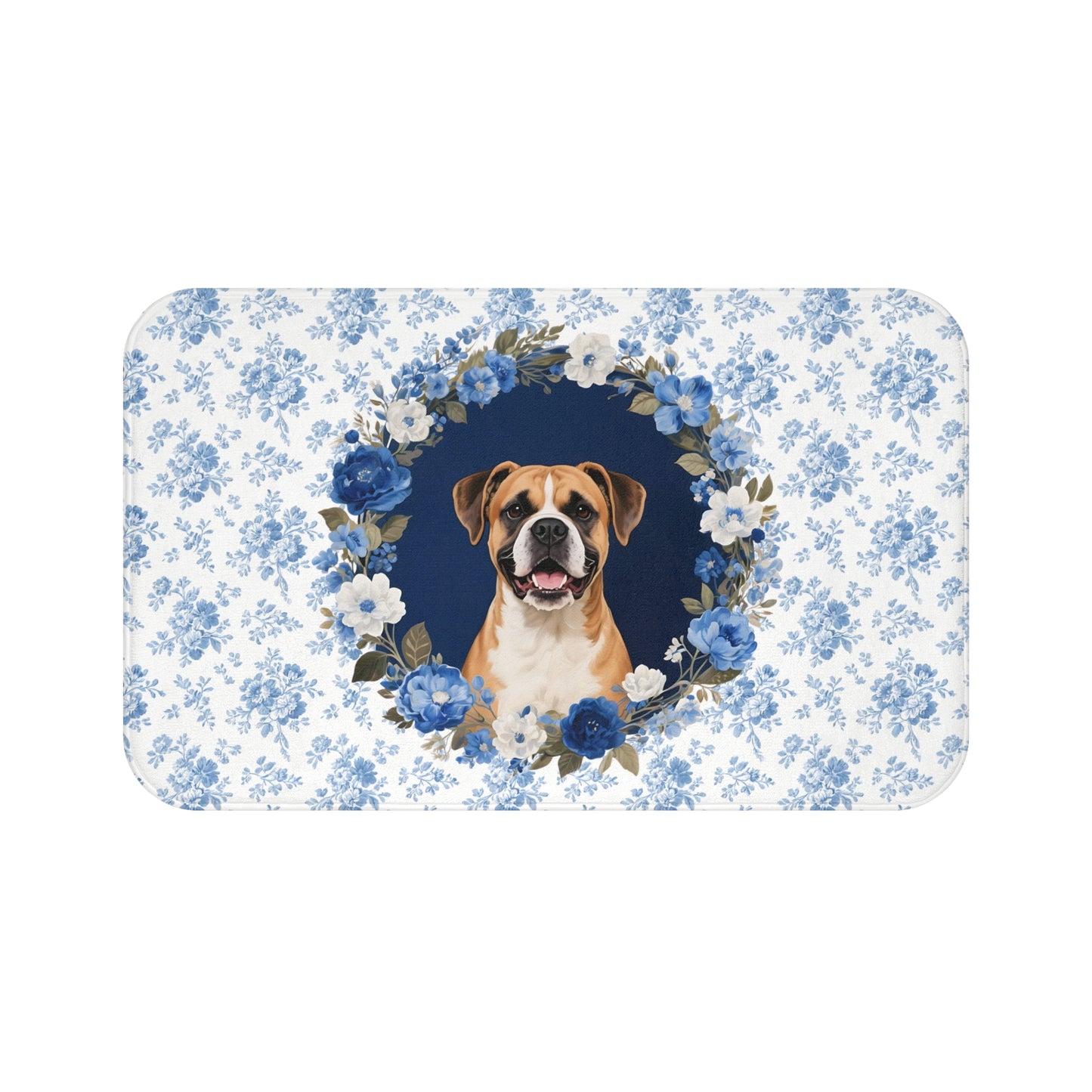 Blue Floral Boxer Bath Mat – Cute Boxer Dog Bathroom Rug