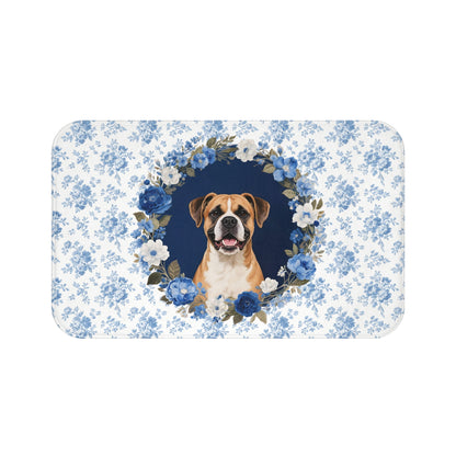 Blue Floral Boxer Bath Mat – Cute Boxer Dog Bathroom Rug