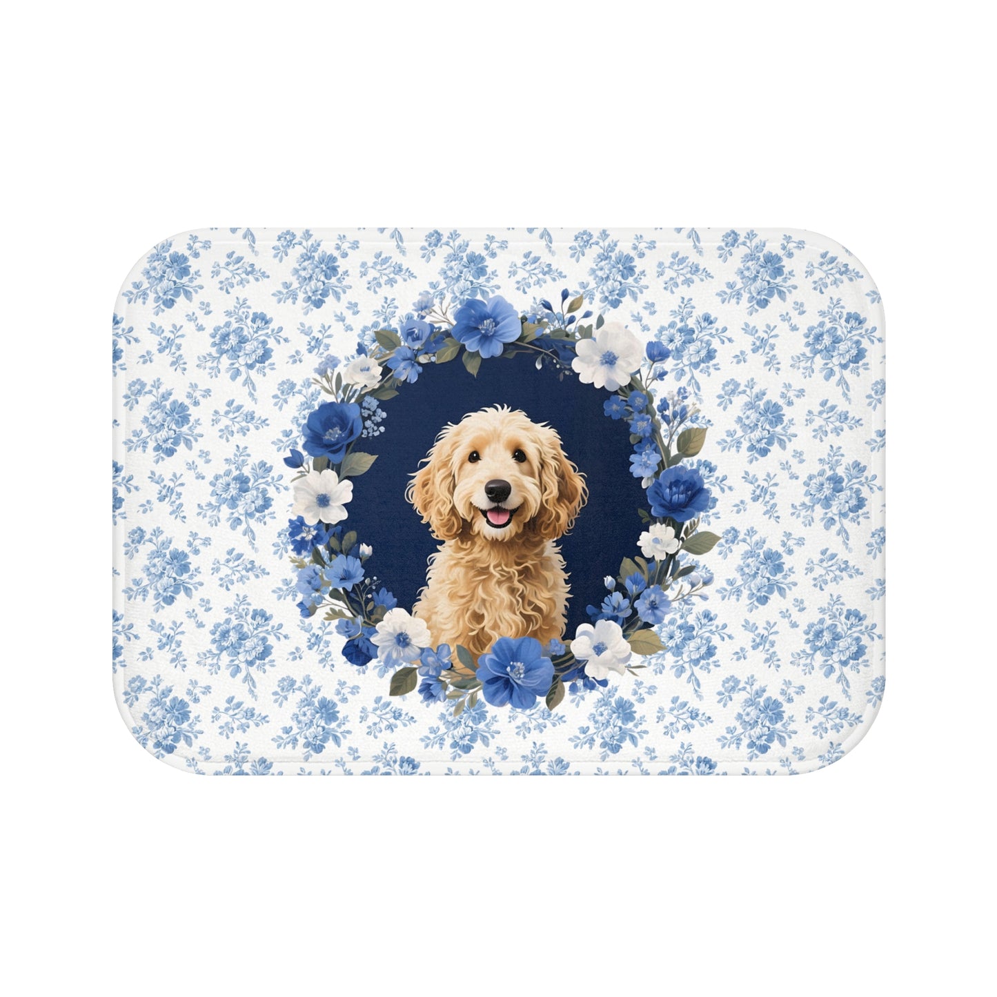 Blue Floral Doodle Bath Mat – Cute Goldendoodle Dog Bathroom Rug