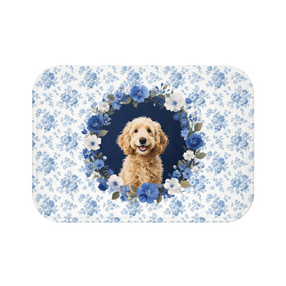 Blue Floral Doodle Bath Mat – Cute Goldendoodle Dog Bathroom Rug