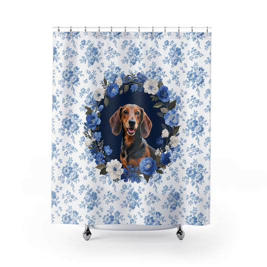 Dachshund Dog Blue Floral Shower Curtain – Dog Portrait Bath Decor