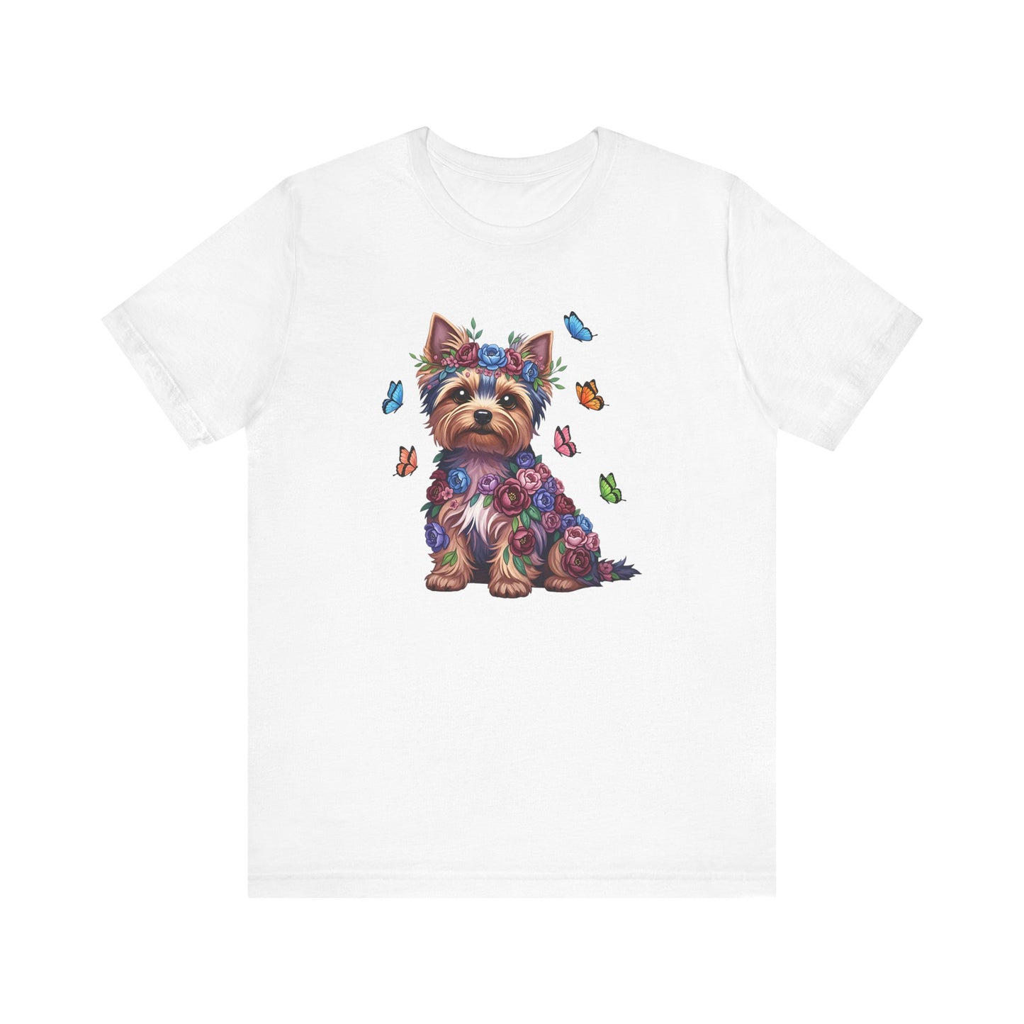 Whimsical Floral Yorkshire Terrier Tee – Colorful Dog Lover Shirt with Butterflies