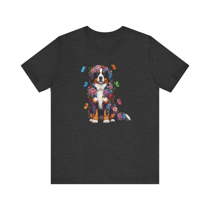 Whimsical Floral Bernese Mountain Dog Tee – Colorful Dog Lover Shirt with Butterflies