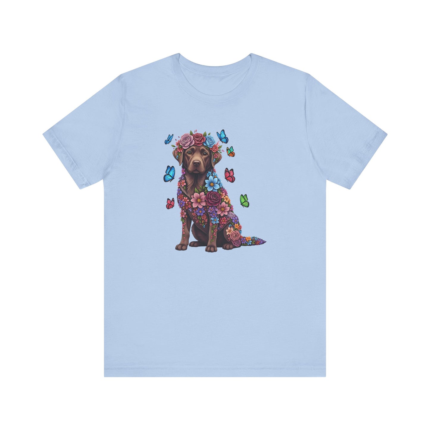 Whimsical Floral Chocolate Labrador Retriever Tee – Colorful Dog Lover Shirt with Butterflies