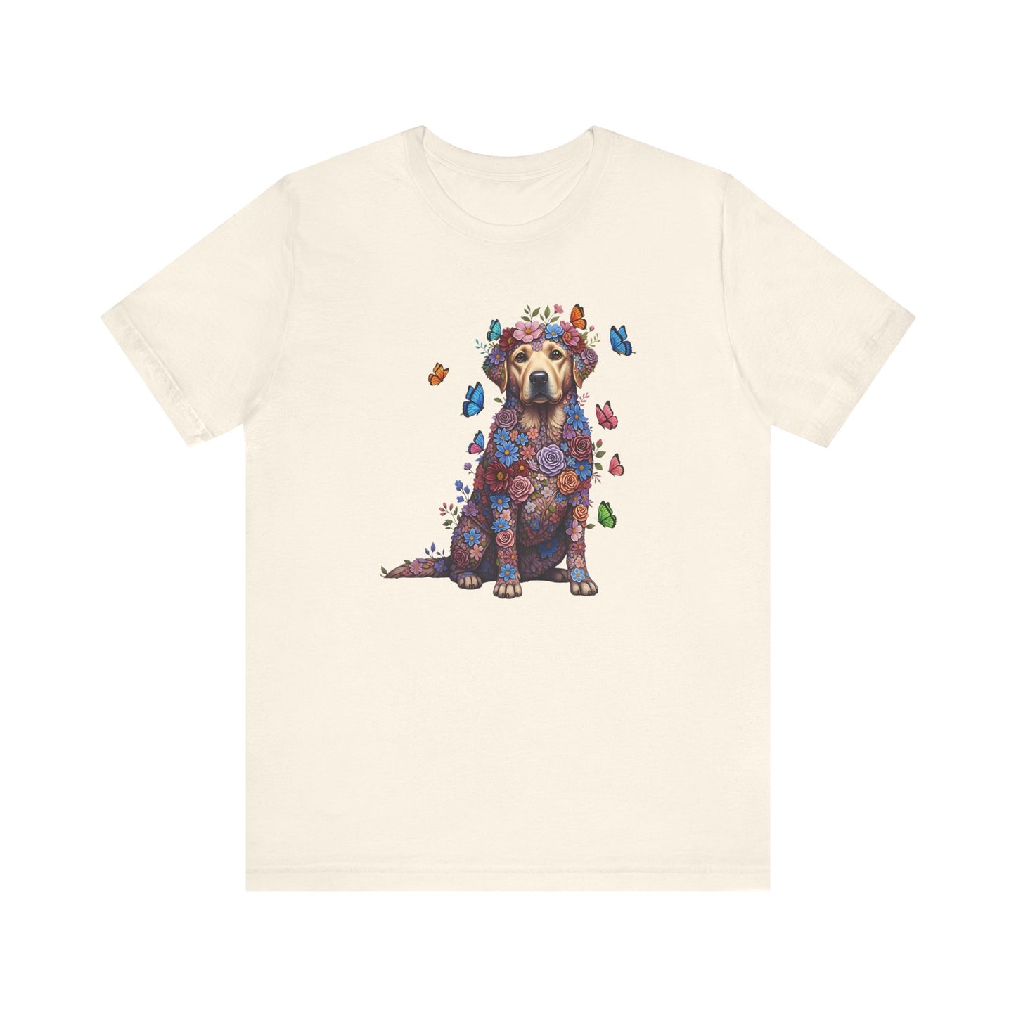 Whimsical Floral Labrador Retriever Tee – Colorful Dog Lover Shirt with Butterflies