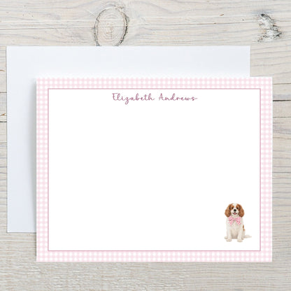Cavalier King Charles Spaniel Pink Gingham Personalized Notecard Set