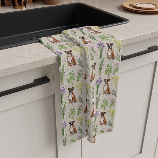 Boxer Dog & Herbs Tea Towel - Floral Dog Kitchen Towel